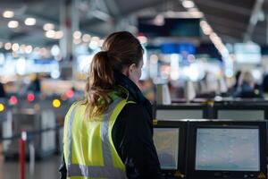 A woman in a yellow vest is working on a computer at the airport photo