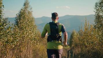 irreconocible caucásico masculino hombre chico corriendo empujoncito mediante montaña colina verde prado valle. experimentado alpinista caminante deportista caminar Moviente correr al aire libre deporte actividad deportivo cuidado de la salud formación video