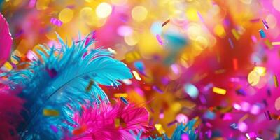 Vibrant closeup of colorful feathers confetti on a magenta background photo