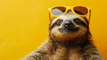 A sloth wearing sunglasses poses on a yellow background photo