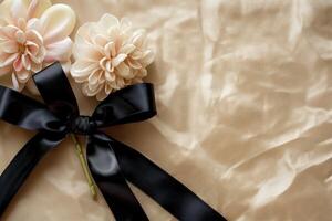 two flowers with a black bow on a gold cloth photo