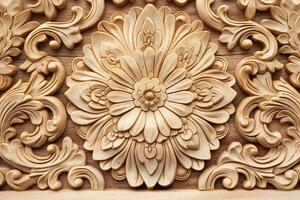 Closeup wood carving of a brown flower sculpture on wall facade photo