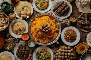 eid al-adha. varios platos desplegado en el mesa con diverso ingredientes y cocinas foto