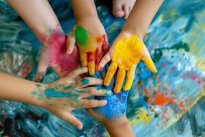 Group of childrens hands painted with various colors, joyful gestures photo