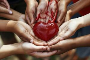 World Blood Donor Day. Childrens hands holding a red heart as a gesture of love and affection photo