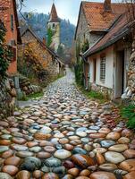 Worn cobblestone street in historic town photo