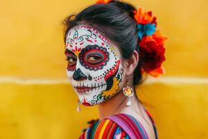 Cinco de Mayo. a woman with a sugar skull painted on her face photo