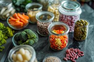 Biohacking. Various vegetables in jars for food storage and cooking recipes photo