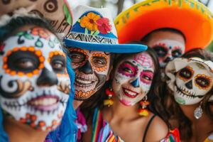 Cinco de Mayo. a group of people with sugar skulls painted on their faces are posing for a picture photo