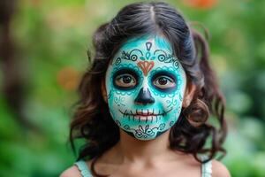 Cinco de Mayo. Happy girl with electric blue hair and sugar skull face paint at an event photo