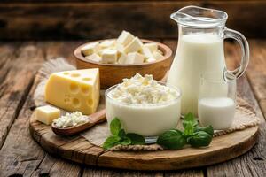 World Milk Day. Various dairy products are displayed on the table photo