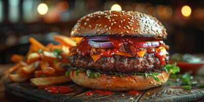 Closeup shot of a hamburger on a wooden cutting board photo