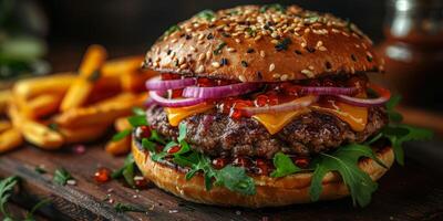 Closeup shot of a hamburger on a wooden cutting board photo