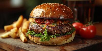 de cerca Disparo de un hamburguesa en un de madera corte tablero foto