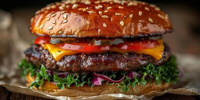 de cerca Disparo de un hamburguesa en un de madera corte tablero foto