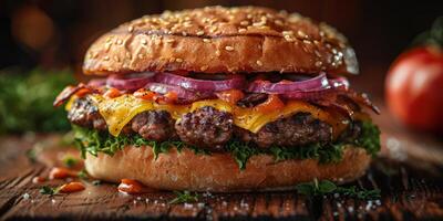 Closeup shot of a hamburger on a wooden cutting board photo