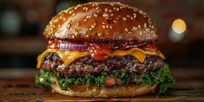 Closeup shot of a hamburger on a wooden cutting board photo