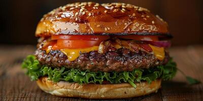 Closeup shot of a hamburger on a wooden cutting board photo