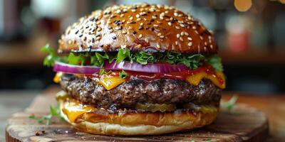 Closeup shot of a hamburger on a wooden cutting board photo