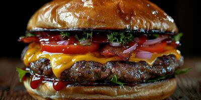 de cerca Disparo de un hamburguesa en un de madera corte tablero foto