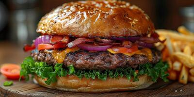 Closeup shot of a hamburger on a wooden cutting board photo