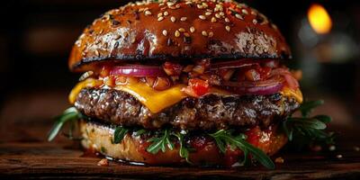 Closeup shot of a hamburger on a wooden cutting board photo