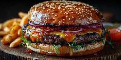 de cerca Disparo de un hamburguesa en un de madera corte tablero foto