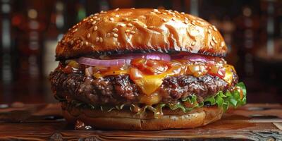 Closeup shot of a hamburger on a wooden cutting board photo