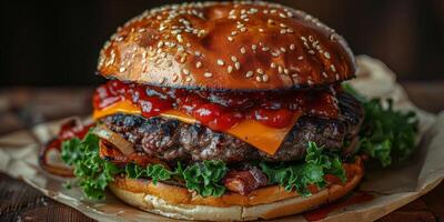 Closeup shot of a hamburger on a wooden cutting board photo