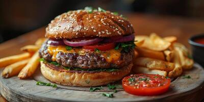 Closeup shot of a hamburger on a wooden cutting board photo