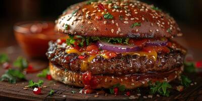 Closeup shot of a hamburger on a wooden cutting board photo