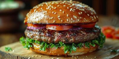 Closeup shot of a hamburger on a wooden cutting board photo