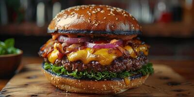 Closeup shot of a hamburger on a wooden cutting board photo