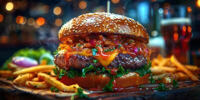 Closeup shot of a hamburger on a wooden cutting board photo