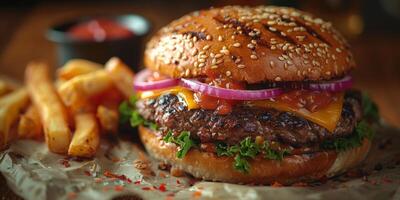 Closeup shot of a hamburger on a wooden cutting board photo