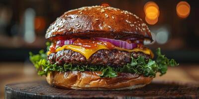 Closeup shot of a hamburger on a wooden cutting board photo