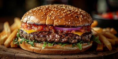 Closeup shot of a hamburger on a wooden cutting board photo