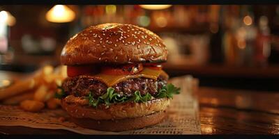 Closeup shot of a hamburger on a wooden cutting board photo