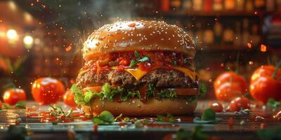 Closeup shot of a hamburger on a wooden cutting board photo