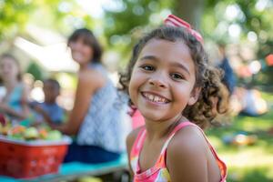 contento niño sonriente a cámara, sentado a picnic mesa en verano foto