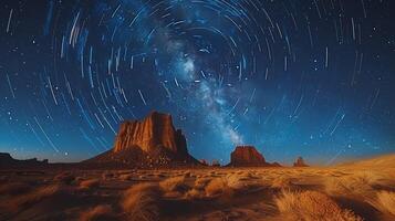 Stars trailing in the night sky over a silent desert photo