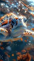 Underwater view of a swimming turtle photo