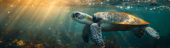 Underwater view of a swimming turtle photo