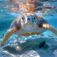 Underwater view of a swimming turtle photo