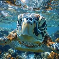 Underwater view of a swimming turtle photo