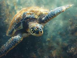 Underwater view of a swimming turtle photo