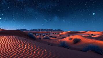 Stars trailing in the night sky over a silent desert photo