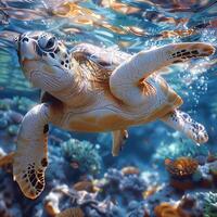 Underwater view of a swimming turtle photo