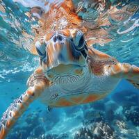 Underwater view of a swimming turtle photo