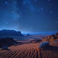 Stars trailing in the night sky over a silent desert photo